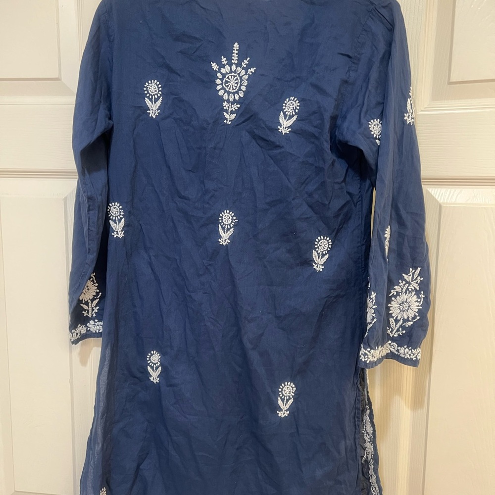 SEVYA 100% Cotton Blue Hand Embroidered 3/4 Sleeve Tunic Dress Beach Cover M - Picture 4 of 11
